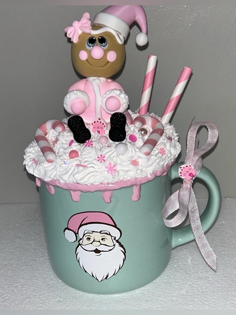 Mint Ceramic Holiday Fake Pink Santa Gingerbread Whip Cream Mug Handmade
